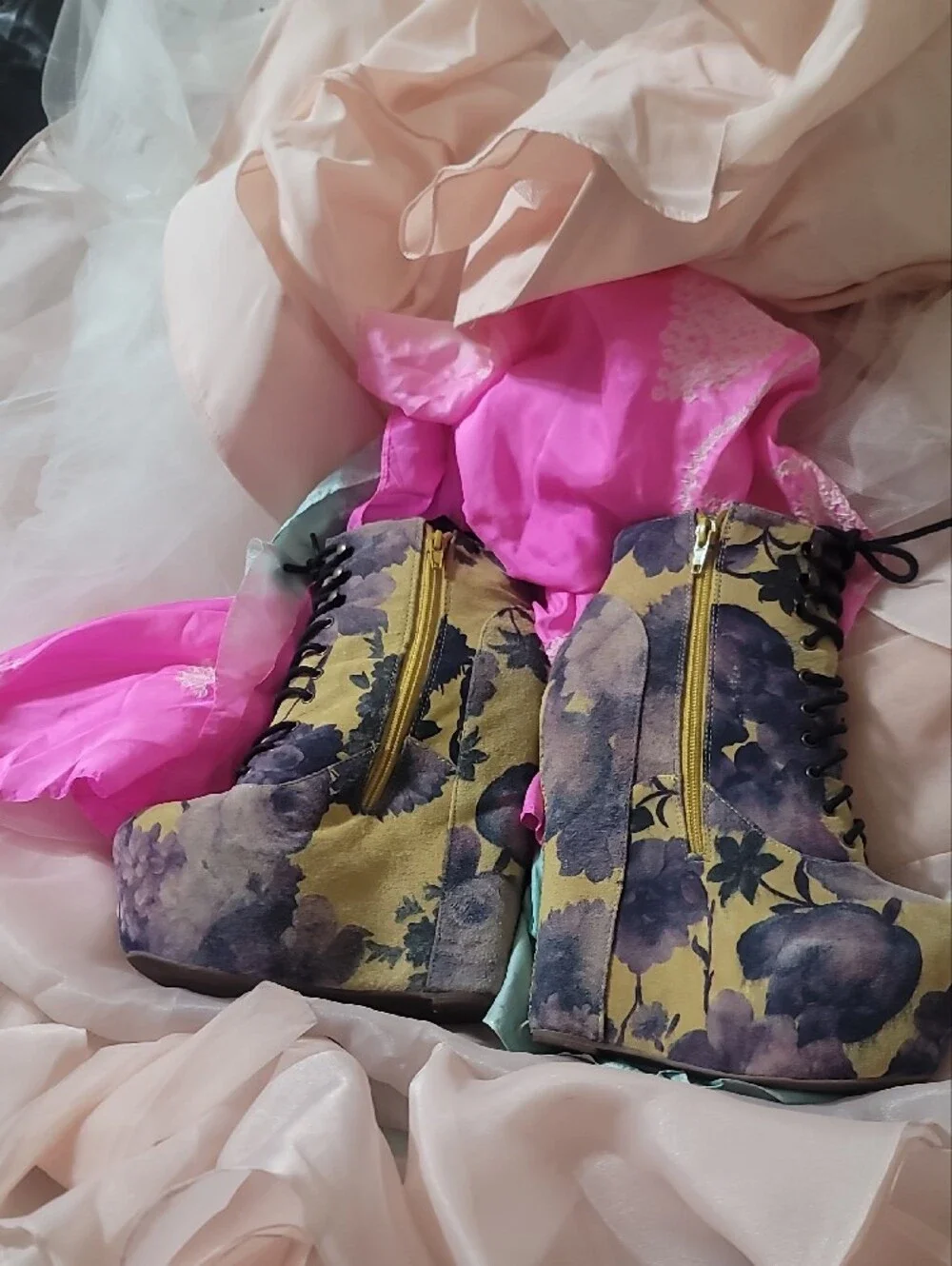 Jeffrey Campbell Floral Purple and Yellow Lace-Up Wedge Booties Leather